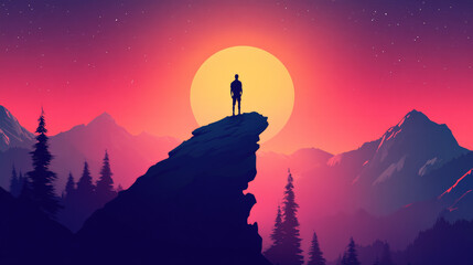 A silhouette figure standing on top of a mountain, appearing confidence and bold, powerful illustration