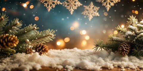 Abstract New Year background with fir branches, cones, snow. Lots snowflakes