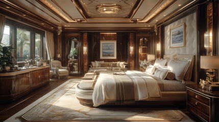 Luxurious bedroom interior with elegant furnishings and decor.