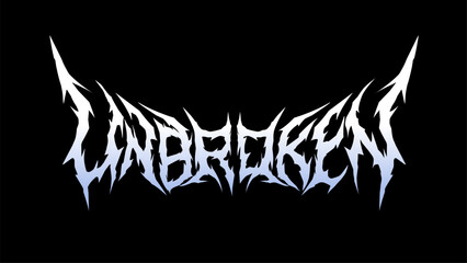 Unbroken text typography design vector in sharp metal font lettering, Icy blue and white gradient text stands out against the dark background, design for t-shirt print apparel