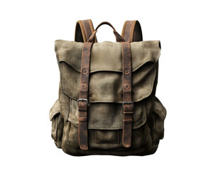Vintage canvas backpack with leather straps, perfect for outdoor adventures and travel. Its rugged design and earthy tones make it stylish choice for any journey