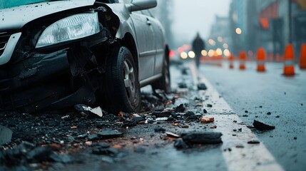 Car swerves and collides with roadside barrier after attempting to avoid a pedestrian resulting in significant front end damage and a chaotic scene on the urban street