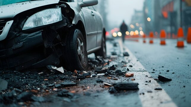 Car swerves and collides with roadside barrier after attempting to avoid a pedestrian resulting in significant front end damage and a chaotic scene on the urban street