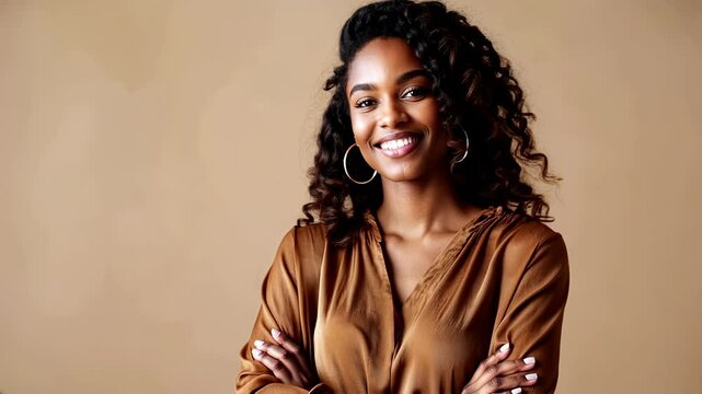 Young african woman smiling on camera with neutral background - Focus on face - Model by AI generative 