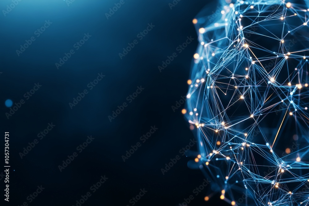 Poster an artistic close-up of a network visualization depicting a mesh of interconnected nodes, symbolizin