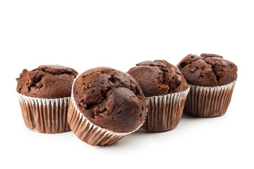 Chocolate chip muffins bunch on white background.