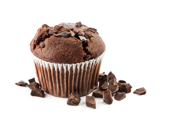 Chocolate muffins with chocolate chips on white background.