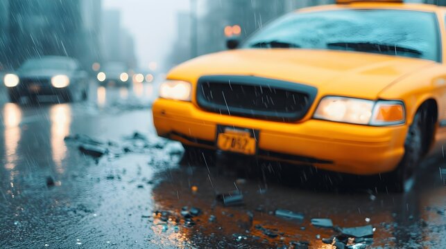 Dramatic Head on Collision Between a Yellow Taxi and a City Bus on a Rainy Urban Street with Shattered Glass Crumpled Metal and Debris Scattered on the Flooded Road