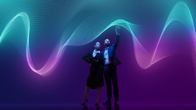 Team of professionals, engaging with stream of interactive data in digital environment, symbolizing data analysis and artificial intelligence. Concept of information, connection, network, business. ad