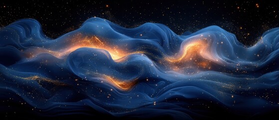 Navy Blue and Gold Fluid Waves, dynamic liquid pattern with rich textures and contrasting colors, evokes a sense of depth and movement