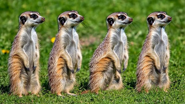 Four meerkats stand tall in a grassy field, alert and watchful