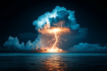 Obraz premium A striking image capturing a fierce lightning bolt splitting through dark, moody clouds over the ocean, showcasing nature's incredible forces and mystery.