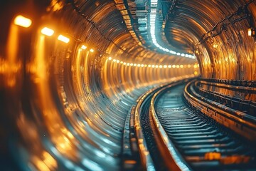 Fototapeta premium Illuminated Subway Tunnel Tracks and Curved Walls