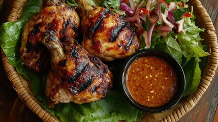 Isaan-style grilled chicken, perfectly charred and juicy, presented with a fresh salad and spicy