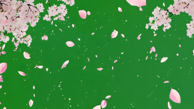 Sakura flower petals falling down isolated on green screen chroma key background. Japanese cherry blossom tree pink flowers animation. Romantic floral overlay template for spring holiday season.