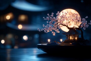 Naklejka premium Exquisite miniature depiction of a Japanese sakura garden set beneath a glowing full moon, with lanterns casting a warm, inviting light in this tranquil composition.