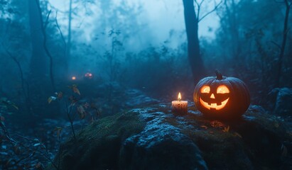 Naklejka premium Glowing jack-o-lantern on mossy rock in a foggy forest at night, AI generated illustration