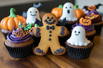 Obraz premium Halloween-themed cookies and cupcakes with spooky designs, AI generated illustration