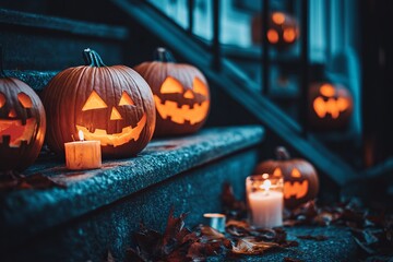 Carved pumpkins and candles on house stairs, creating a festive Halloween atmosphere, AI generated illustration
