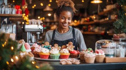 A cheerful young black female barista arranges colorful holiday cupcakes and gingerbread cookies behind a counter with Christmas and new year desserts. The cafe worker is a woman, decorated interior