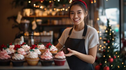 Obraz premium A cheerful young asian female barista arranges colorful holiday cupcakes and gingerbread cookies behind a counter with Christmas and new year desserts. The cafe worker is a woman, decorated interior