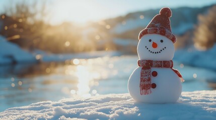 Obraz premium A cute snowman stands on a snowy surface against a blurred background of a winter landscape, copy space on the background . Merry Christmas and Happy New Year holiday banner. Festive backdrop