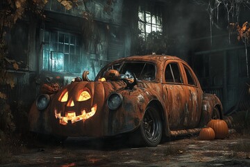 Halloween-themed pumpkin car in a spooky night scene, AI generated illustration