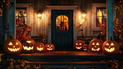 Obraz premium Charming front porch adorned with Halloween pumpkins and lanterns, creating a cozy autumn night scene, AI generated illustration