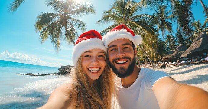 A couple, a man and a woman, take a joyful selfie in Santa hats on a sunny beach, celebrating Christmas and New Year's in a warm vacation destination. palm trees create a festive tropical atmosphere
