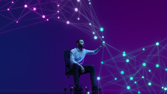 Businessman in suit reaches out to touch network of connected data points, symbolizing modern data analytics. Digital information in business. Concept of scientific discovery and innovation, network.