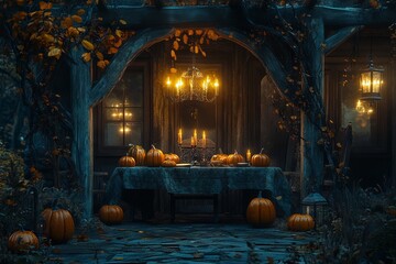 Obraz premium Enchanted gathering of Halloween pumpkins around a table in a dark forest, featuring a glimpse into another world, AI generated illustration