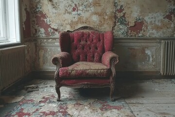 An antique armchair sits in a dilapidated room with peeling walls and a radiator.
