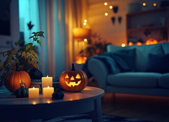 Obraz premium Cozy Halloween atmosphere with pumpkins and candles in a warm living room, AI generated illustration
