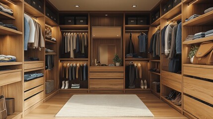 Elegant wooden closet with organized clothing and accessories.
