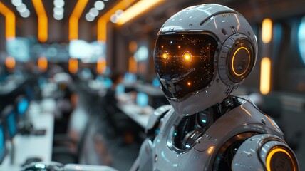 Futuristic Robot with Glowing Eyes in a Modern Office