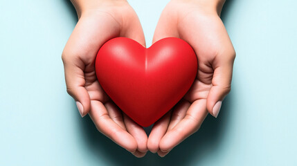 Fototapeta premium Close-up of hands gently holding a red heart-shaped object on a light blue background, symbolizing love and care.