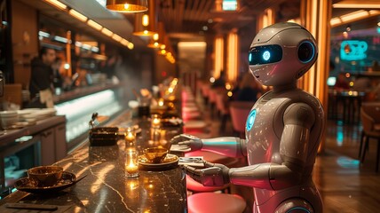 Fototapeta premium Robot Waiter Serving Food in a Futuristic Restaurant