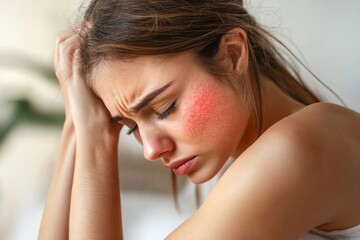 Naklejka premium young woman scratching on her arm and has a red rash irritation on her skin from dust intolerance, Generative AI