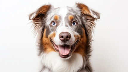 Close-up of a happy and excited Australian Shepherd dog with blue eyes and a tricolor coat against a white background.