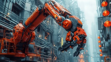 Fototapeta premium Robotic Arm in a Futuristic Cityscape