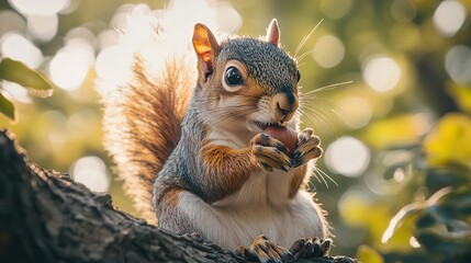 Cute Squirrel Holding Nut on Tree Branch