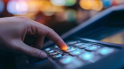 Hand pressing voting ballot button on electronic voting machine in modern polling station, highlighting democratic process and civic duty.