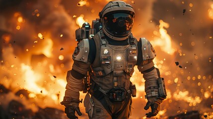 Fototapeta premium Astronaut in a Fiery Space Emergency: A Dramatic Scene of Survival