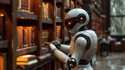 Fototapeta premium Robot Exploring a Library of Knowledge