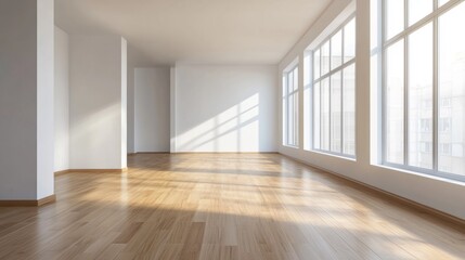 Fototapeta premium A large, empty room with white walls and wooden floors