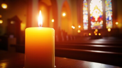 A beautiful candle flame flickering in a church, casting warm light on intricate stained glass windows, evoking a peaceful and spiritual ambiance for worship.