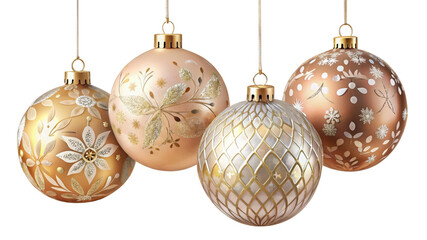 Luxurious Hand-Painted Christmas Ornaments with Floral and Geometric Gold Accents on Transparent Background
