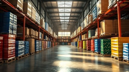 A spacious warehouse filled with colorful stacked pallets.