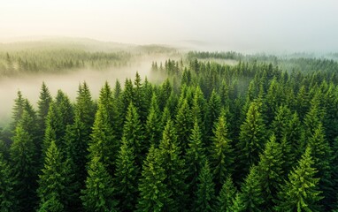 Fototapeta premium A serene view of a lush green forest shrouded in mist, showcasing towering conifers in various shades of green under a soft morning light.