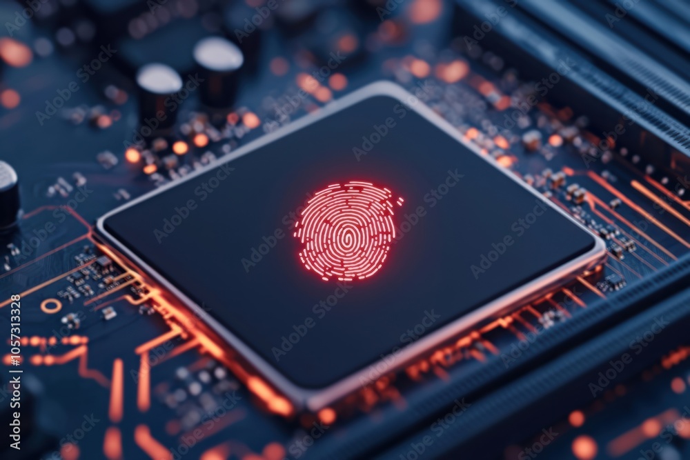 Poster close-up of a modern microchip displaying a glowing fingerprint emblem, symbolizing security and aut